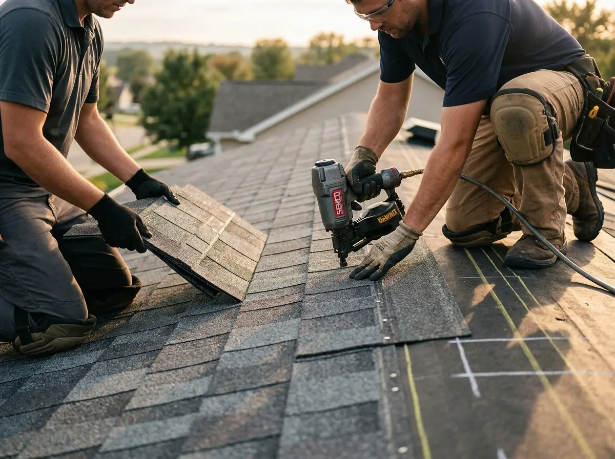 Professional roofer working on a residential roof in National City